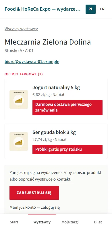 Strona stoiska w telefonie z ofertami targowymi